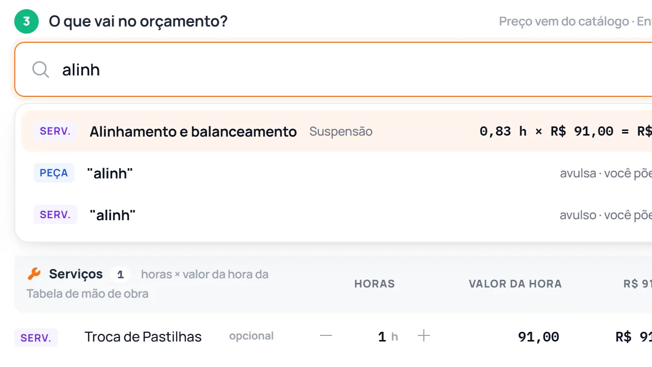 Tela de orçamento: busca de serviço mostrando horas e valor, e a mensagem que o cliente recebe no WhatsApp