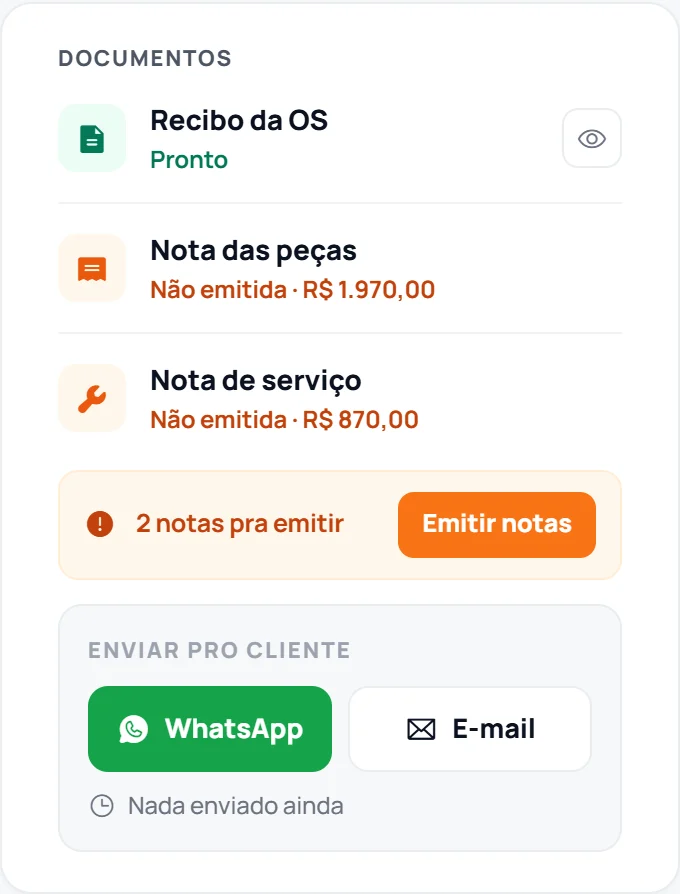 Documentos da ordem de serviço com duas notas pra emitir
