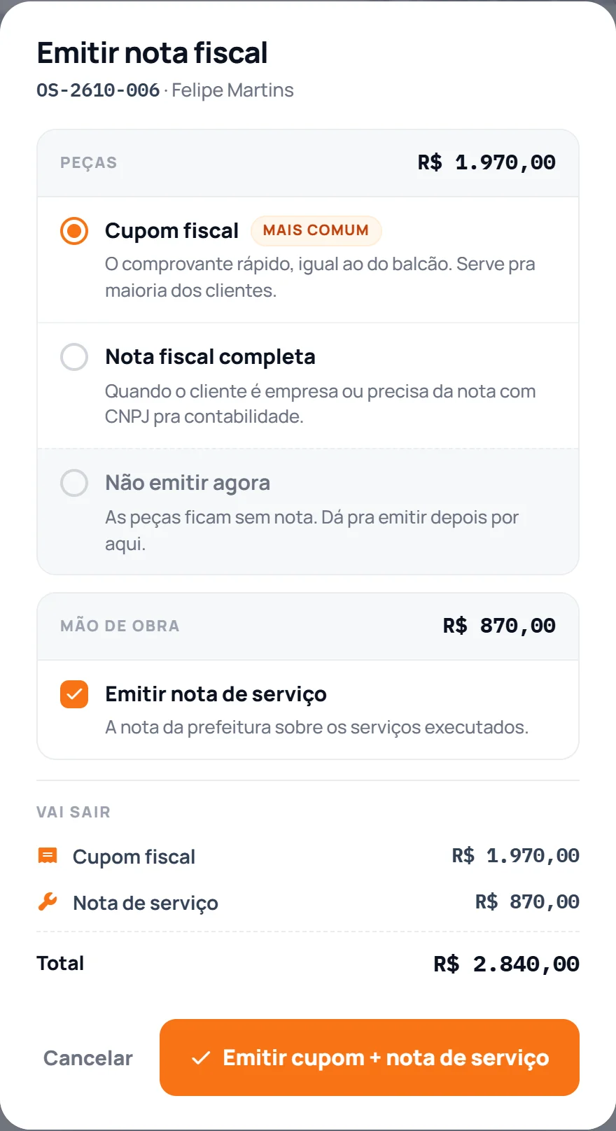 Janela de emitir nota fiscal: cupom, nota completa e nota de serviço