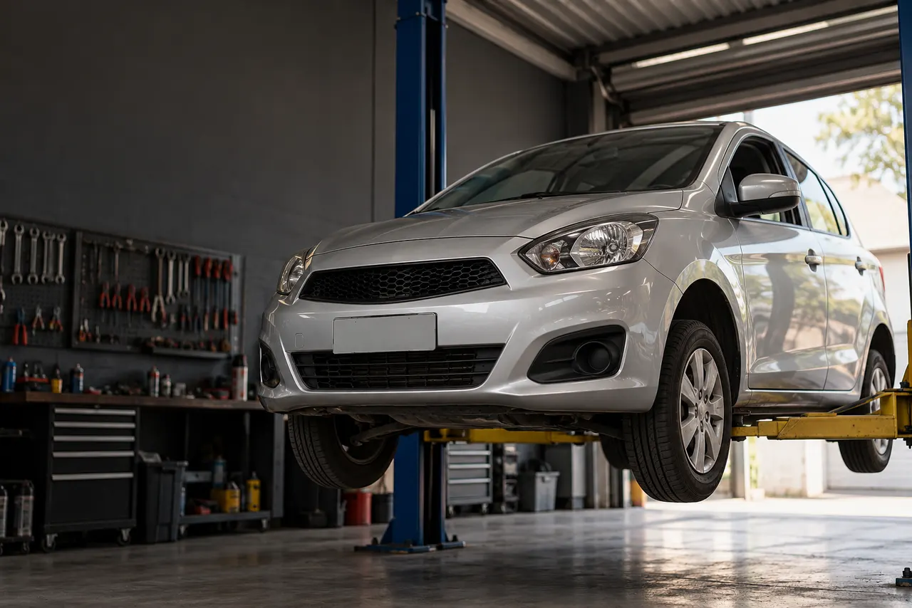 Carro hatch prata erguido no elevador de uma oficina mecânica