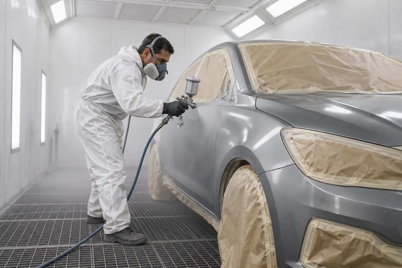 Pintor de macacão e máscara aplicando tinta na lateral de um carro dentro da cabine de pintura