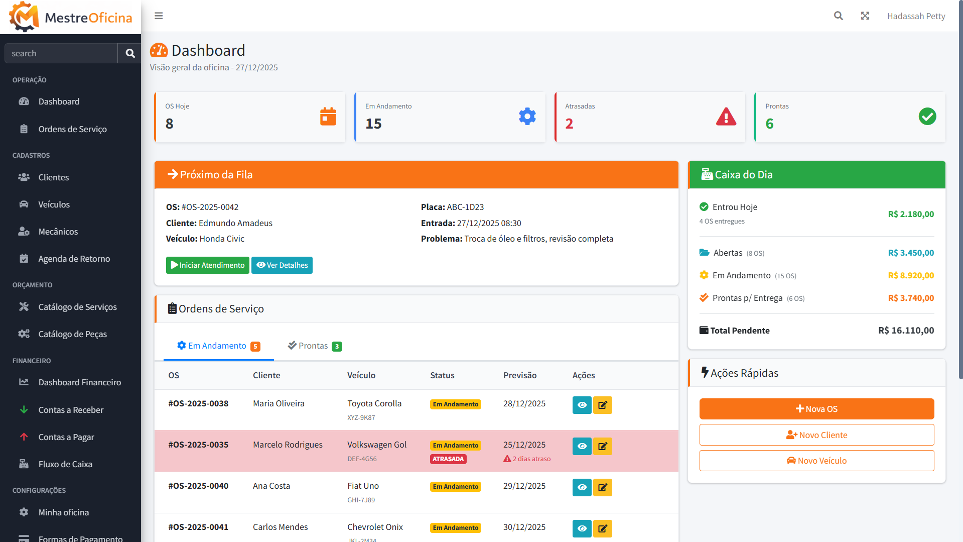 Visual simples e direto para acompanhar ordens de serviço, veículos e retornos de clientes em um só lugar